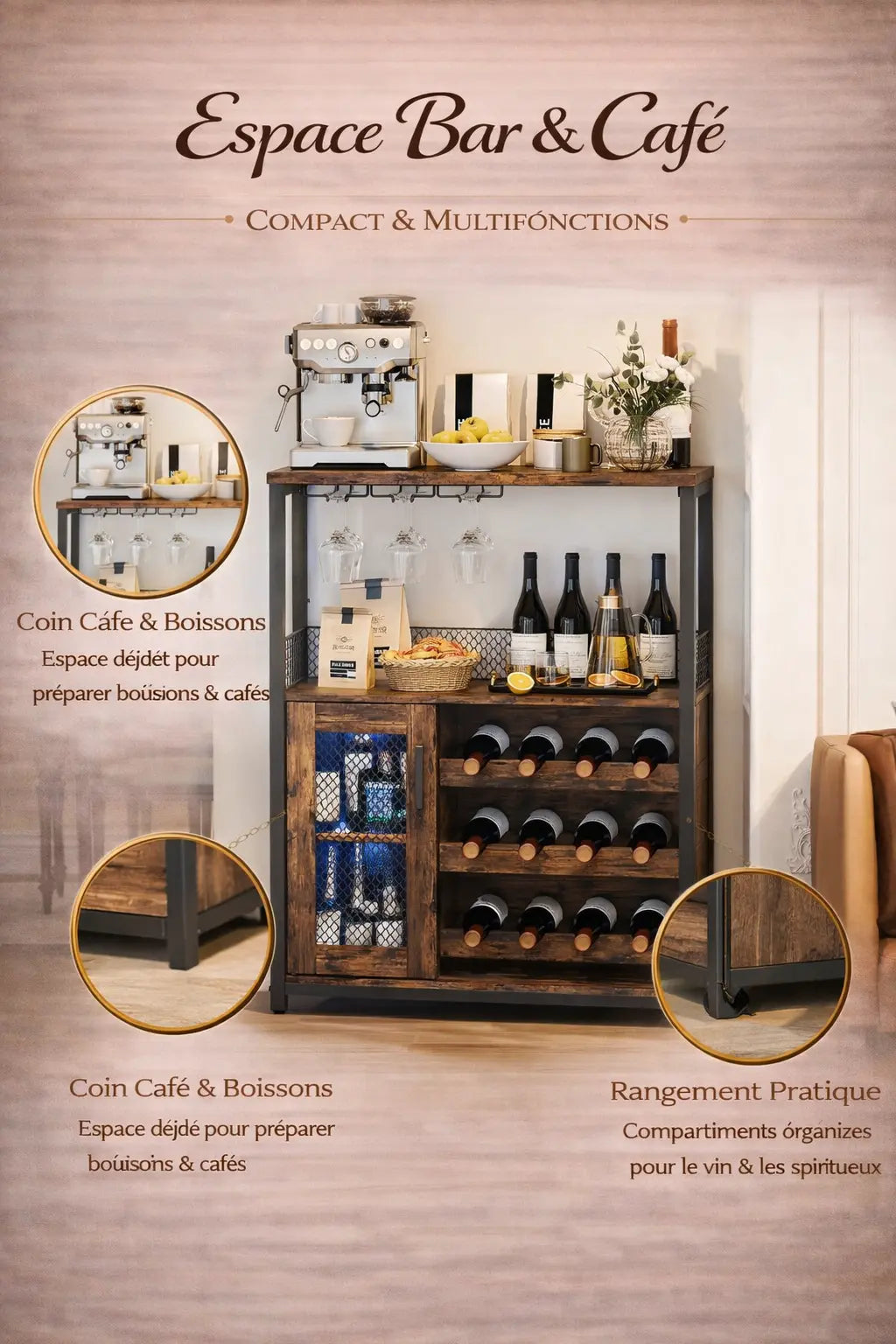 Meuble bar design avec rangements à vins et portes en verre Maison Essentielle