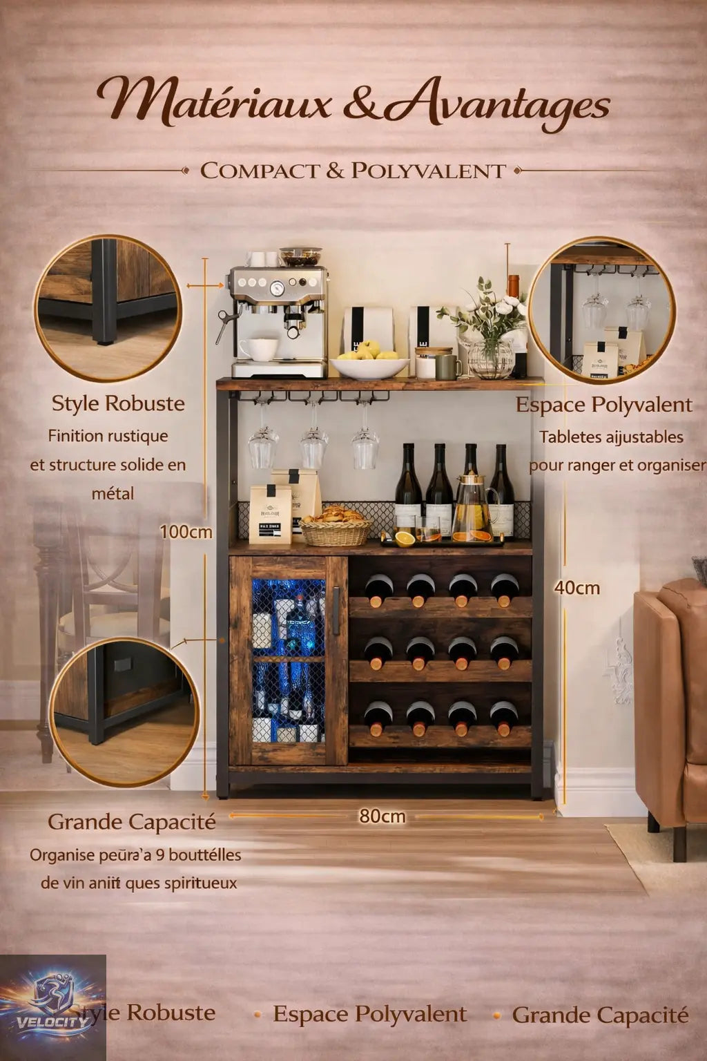 Meuble bar design avec rangements à vins et portes en verre Maison Essentielle